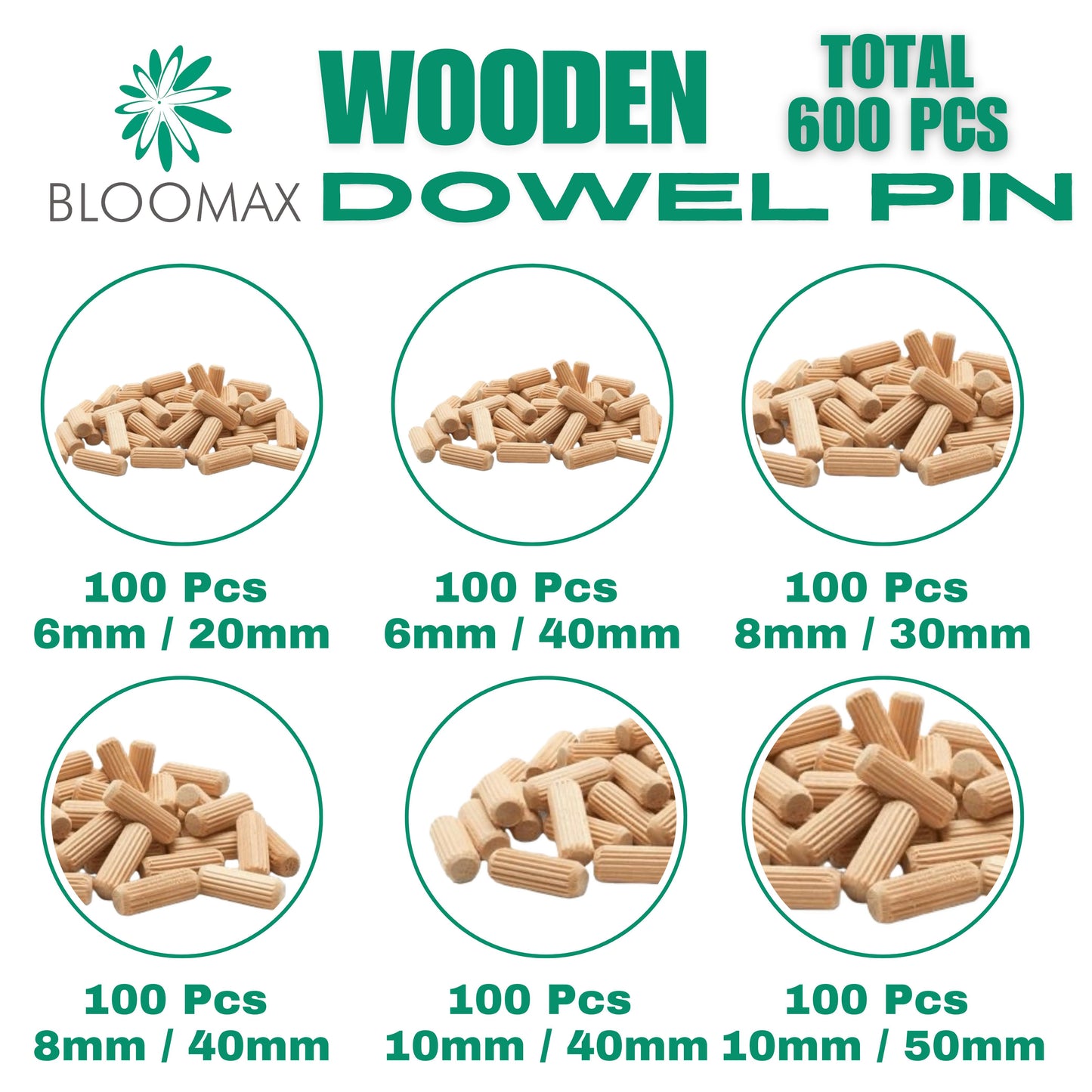 Wooden Dowel Pin All in One Pack (All Size In One Pack 6mm-20/40mm, 8mm-30/40mm, 10mm-40/50mm) 600 pieces of different sizes