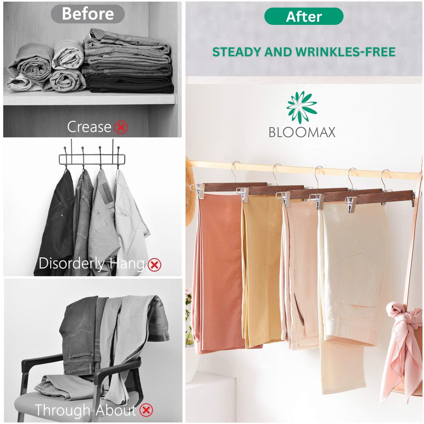 BLOOMAX® 6 Pcs, 13.5 inch, Walnut Wooden Hangers, Pants Hangers with Clips, Adjustable Anti-Rust Metal Clips, 360° Swivel Hook, Skirt Hangers for Pant, Skirts, Walnut