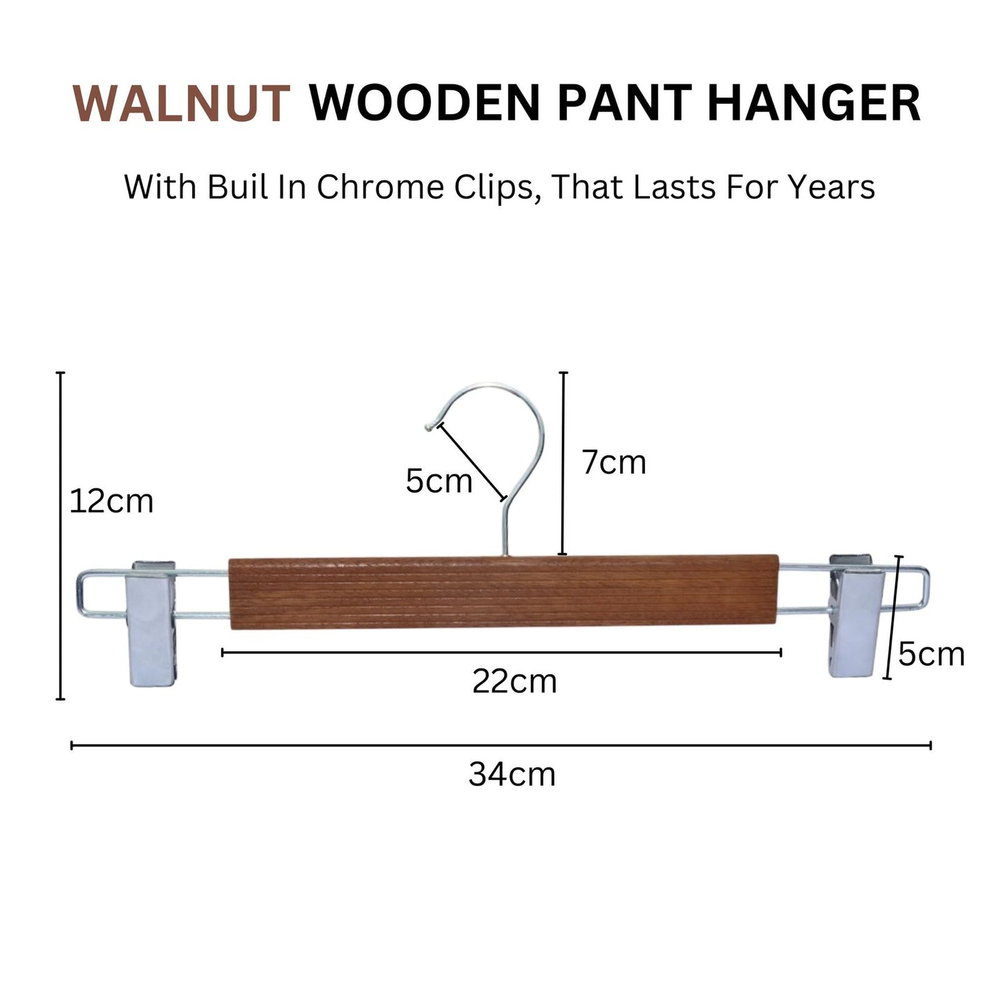 BLOOMAX® 6 Pcs, 13.5 inch, Walnut Wooden Hangers, Pants Hangers with Clips, Adjustable Anti-Rust Metal Clips, 360° Swivel Hook, Skirt Hangers for Pant, Skirts, Walnut