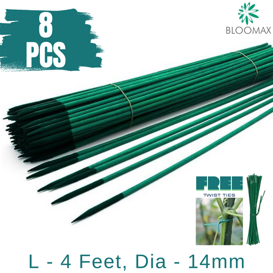 4 Feet/14mm Premium Hardwood Teal Green Wooden Plant Support Sticks (Pack Of -8 Pcs) With Free Twist Ties