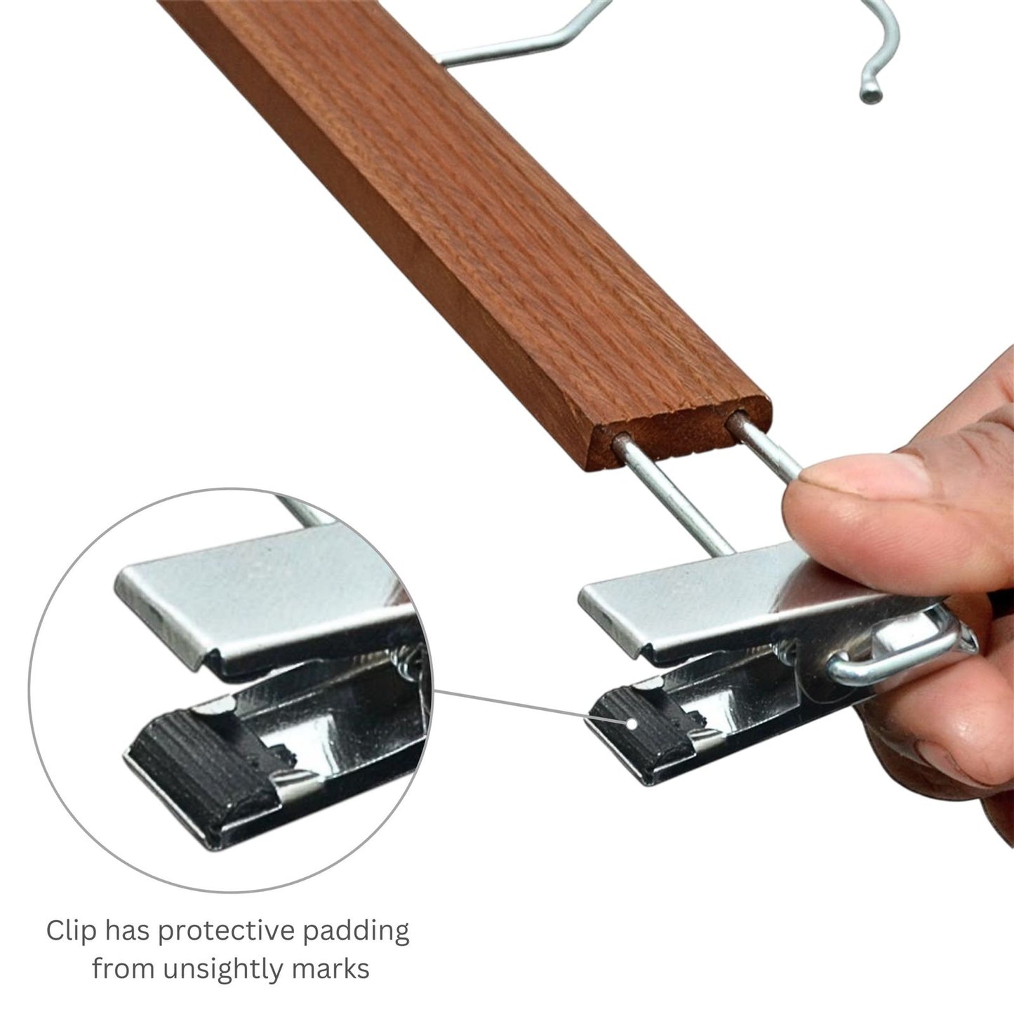 BLOOMAX® 6 Pcs, 13.5 inch, Walnut Wooden Hangers, Pants Hangers with Clips, Adjustable Anti-Rust Metal Clips, 360° Swivel Hook, Skirt Hangers for Pant, Skirts, Walnut
