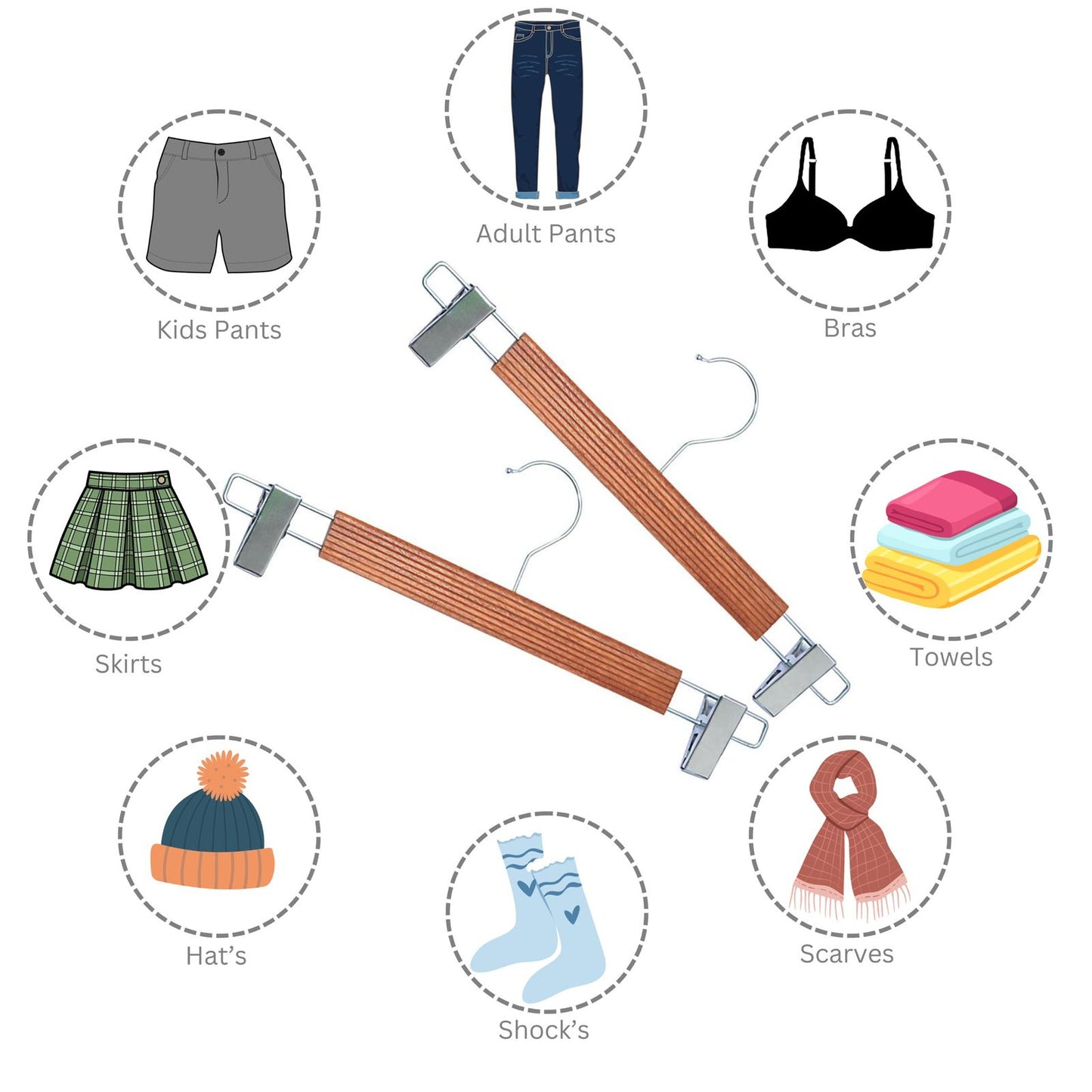 BLOOMAX® 6 Pcs, 13.5 inch, Walnut Wooden Hangers, Pants Hangers with Clips, Adjustable Anti-Rust Metal Clips, 360° Swivel Hook, Skirt Hangers for Pant, Skirts, Walnut