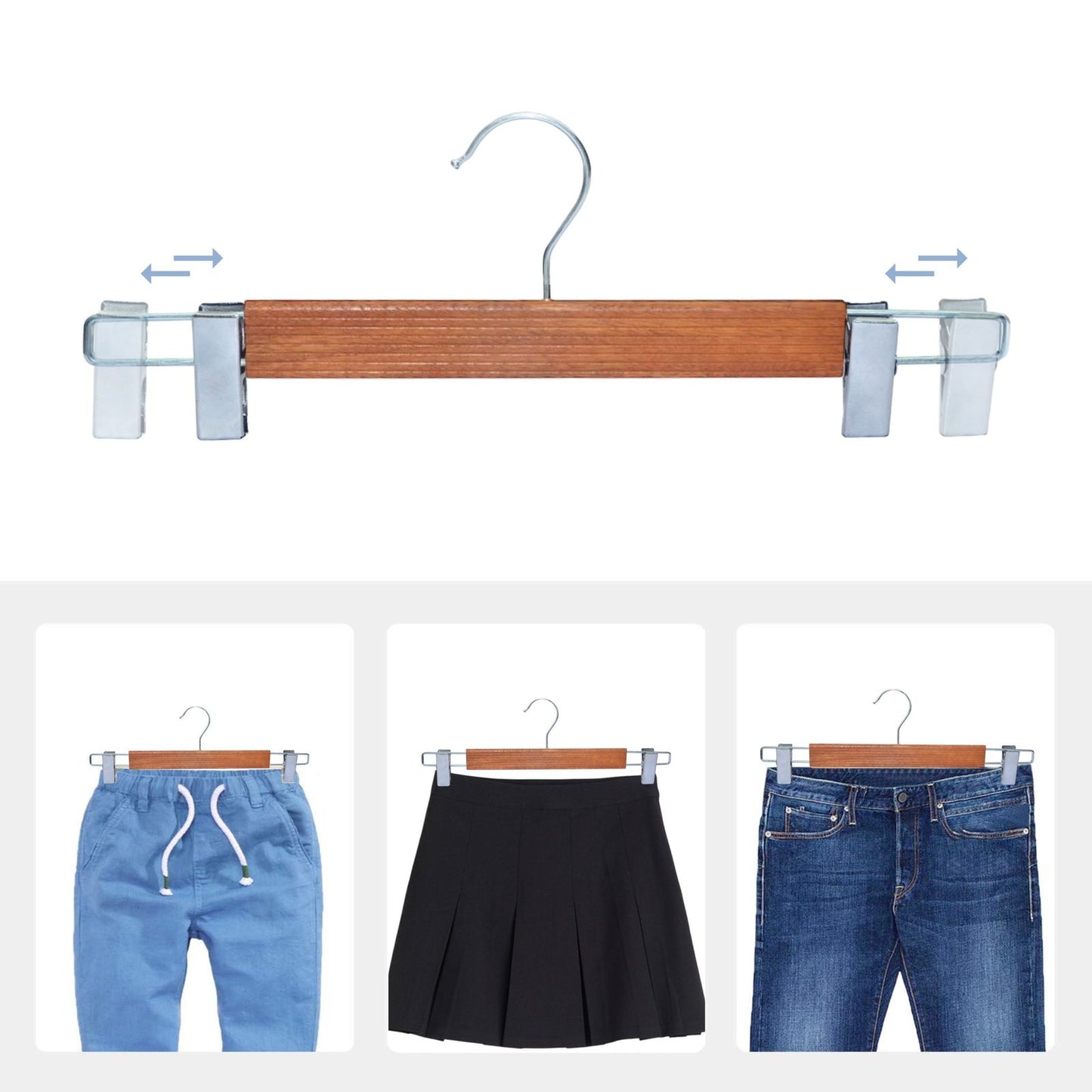 BLOOMAX® 6 Pcs, 13.5 inch, Walnut Wooden Hangers, Pants Hangers with Clips, Adjustable Anti-Rust Metal Clips, 360° Swivel Hook, Skirt Hangers for Pant, Skirts, Walnut