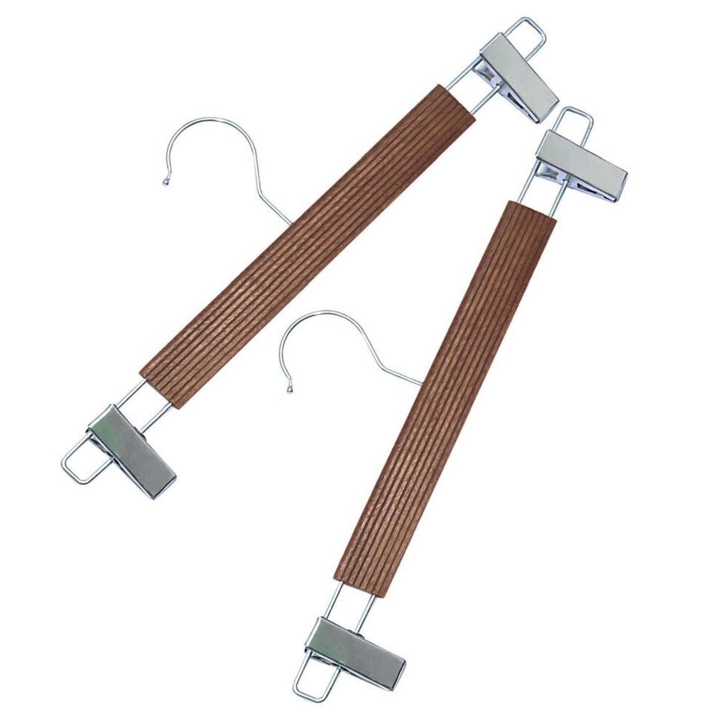 BLOOMAX® 6 Pcs, 13.5 inch, Walnut Wooden Hangers, Pants Hangers with Clips, Adjustable Anti-Rust Metal Clips, 360° Swivel Hook, Skirt Hangers for Pant, Skirts, Walnut