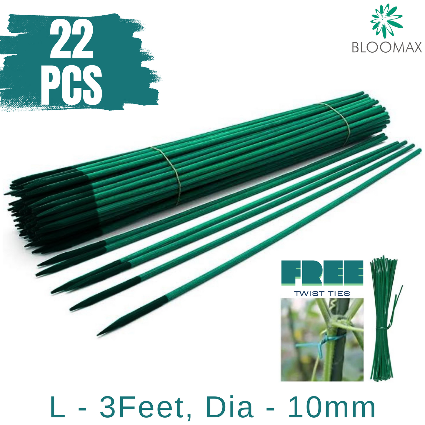 3 Feet/10mm Premium Hardwood Teal Green Wooden Plant Support Sticks (Pack Of -22 Pcs) With Free Twist Ties