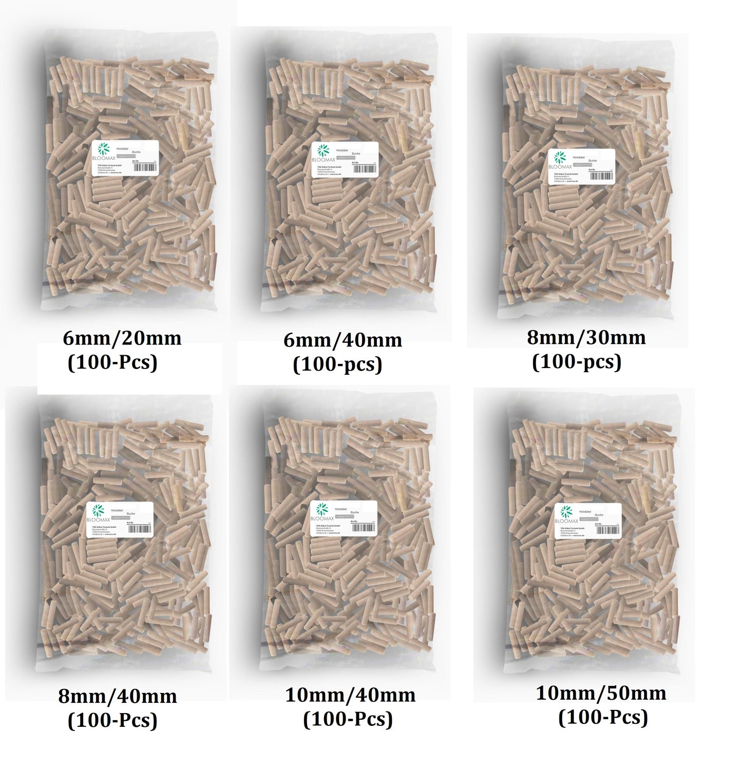 Wooden Dowel Pin All in One Pack (All Size In One Pack 6mm-20/40mm, 8mm-30/40mm, 10mm-40/50mm) 600 pieces of different sizes