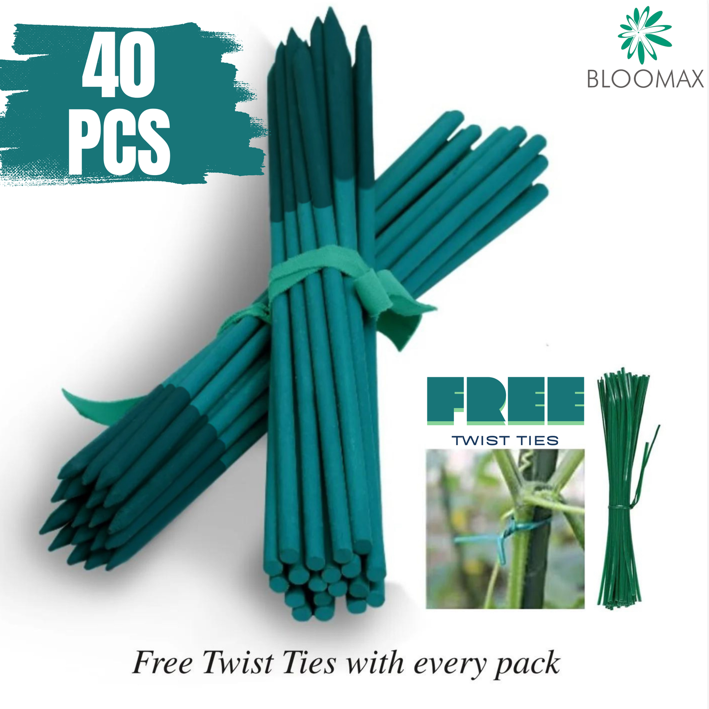 45CM/10mm Hardwood Teal Green Wooden Plant Support Sticks (Pack Of -40 Ps) Twist Ties