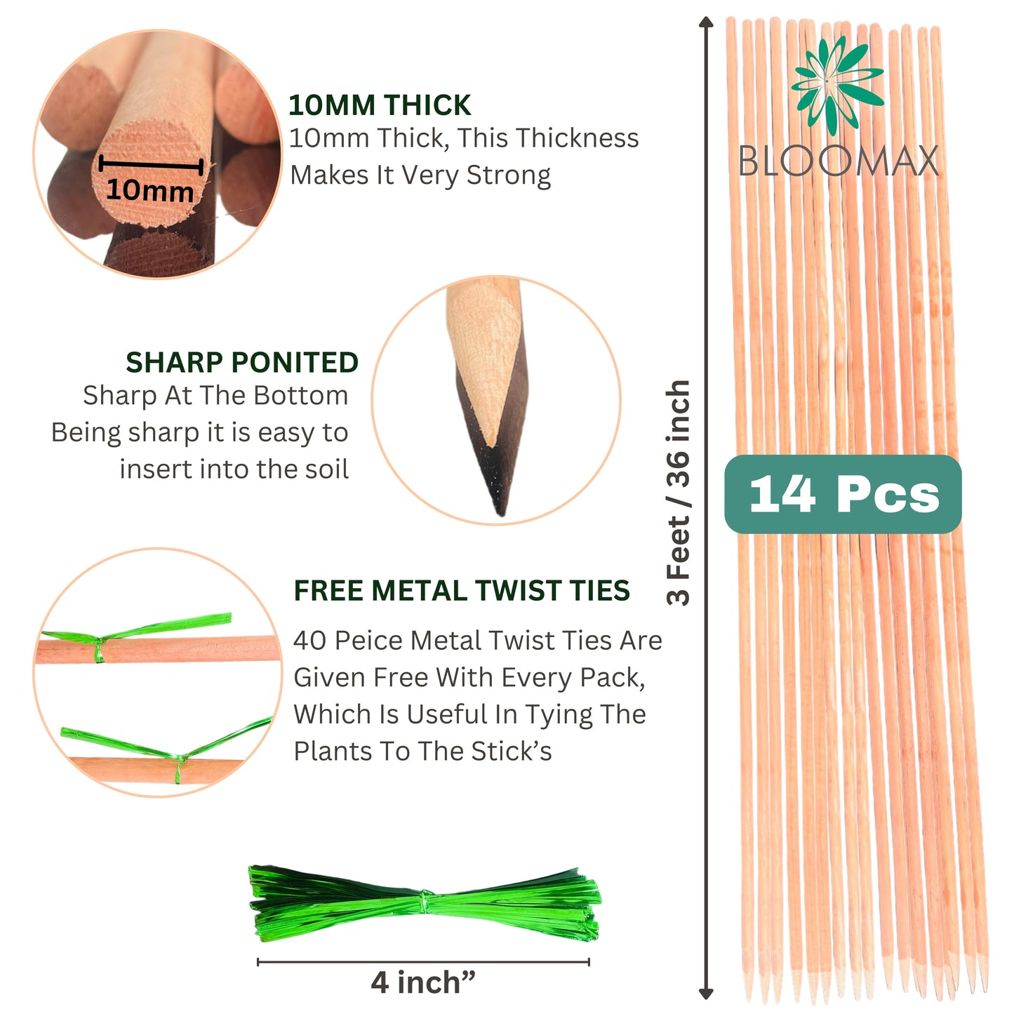 14 PCS Wooden Plant Support Stakes, 3 feet/10mm Wooden Plant Stakes for Indoor & Outdoor Plants, Gardening Floral Potted Plant Support Stakes, Wooden Sign Posting, Garden Sticks, Tomato Stakes with Free twist Tie's