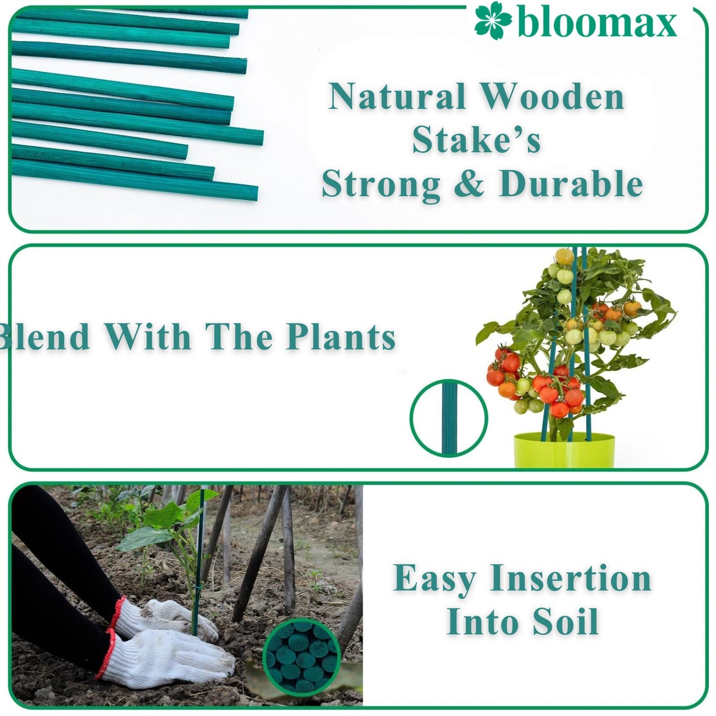 45CM/10mm Hardwood Teal Green Wooden Plant Support Sticks (Pack Of -40 Ps) Twist Ties