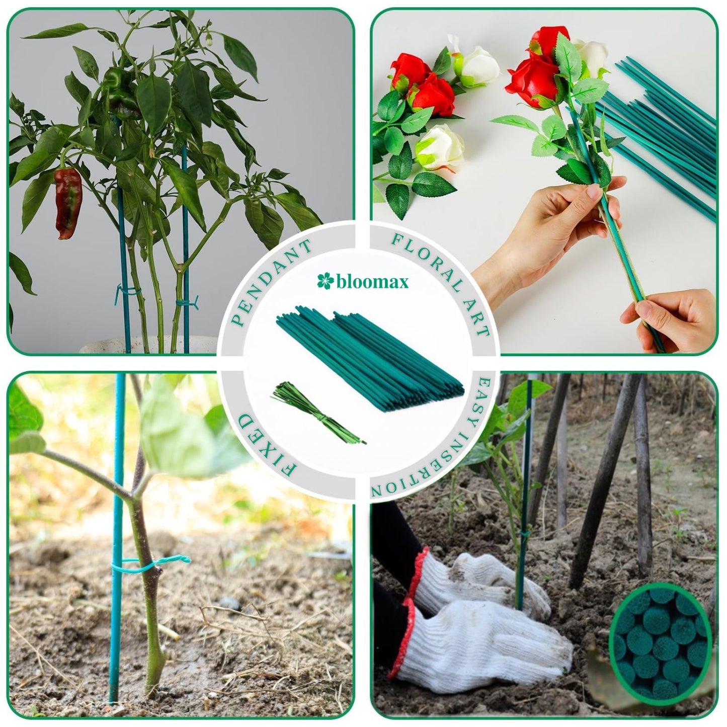 45CM/10mm Hardwood Teal Green Wooden Plant Support Sticks (Pack Of -40 Ps) Twist Ties