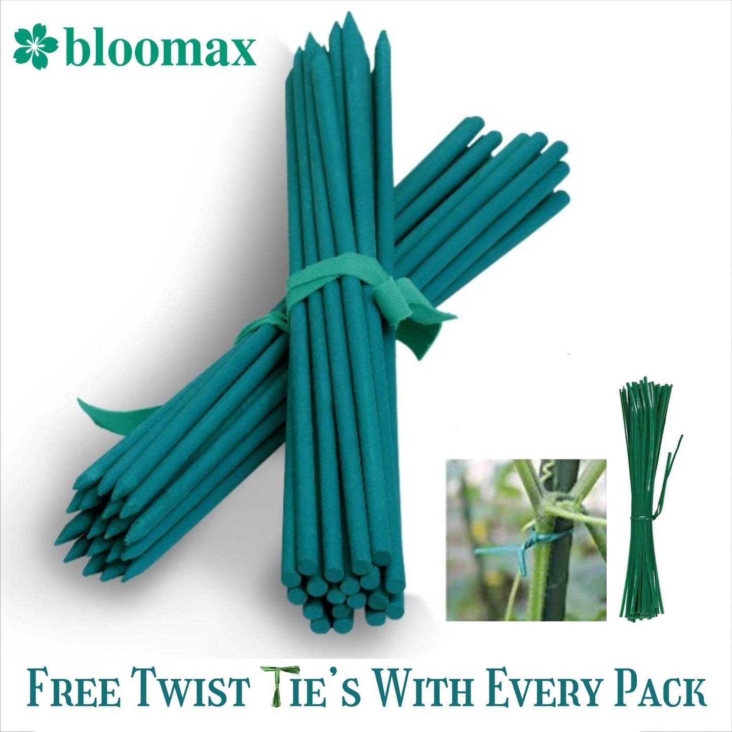 45CM/10mm Hardwood Teal Green Wooden Plant Support Sticks (Pack Of -40 Ps) Twist Ties