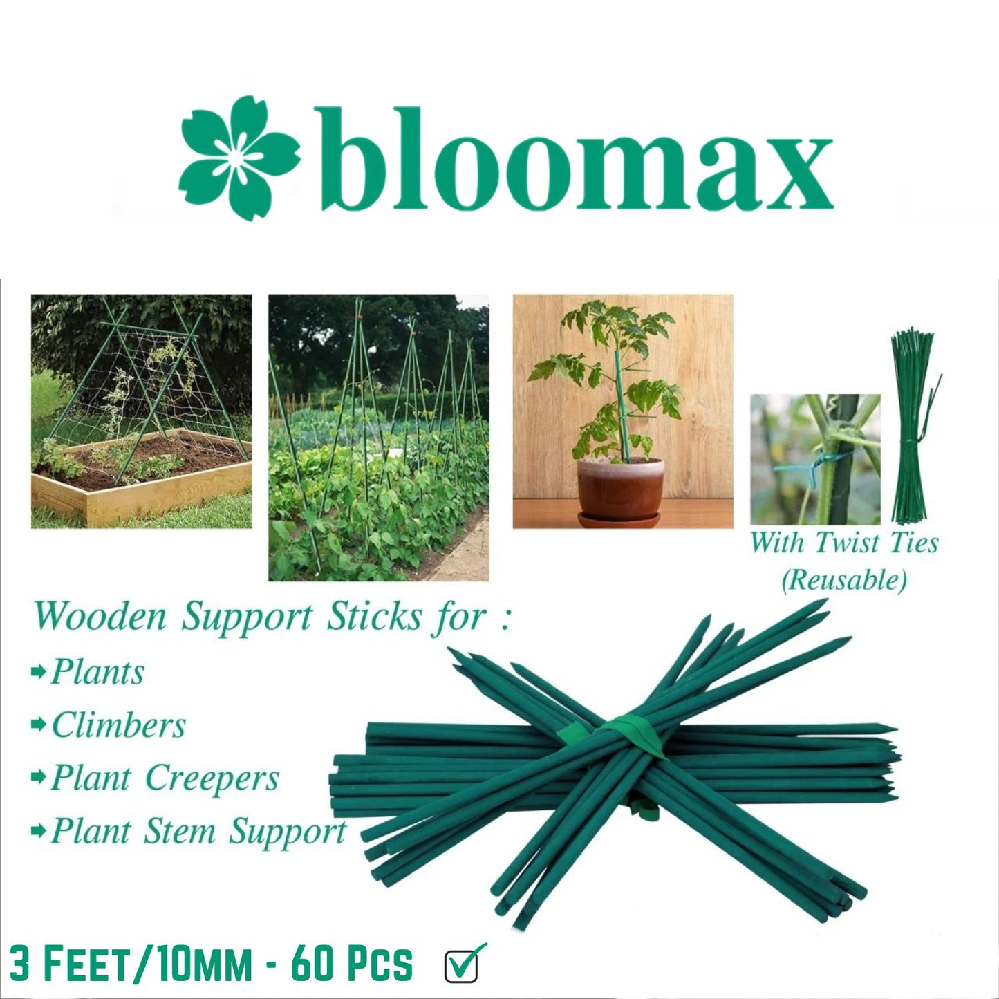 3 Feet/10mm Premium Hardwood Teal Green Wooden Plant Support Sticks (Pack Of -22 Pcs) With Free Twist Ties