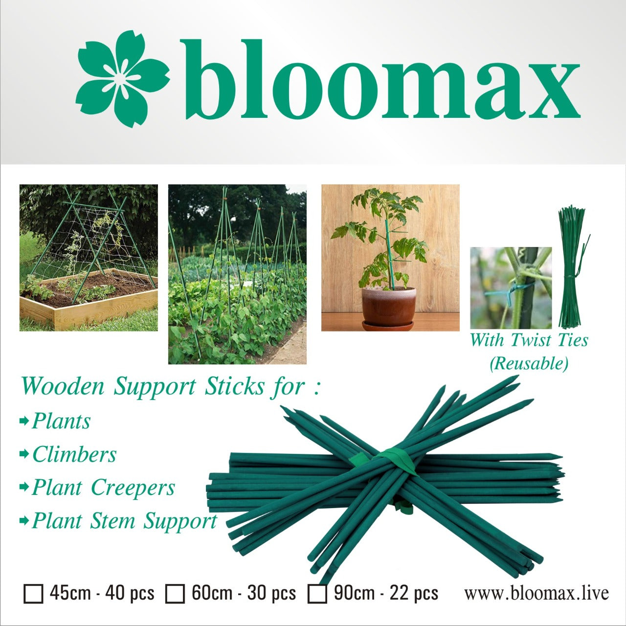 BLOOMAX® Hardwood Wooden Plant Support Stick's With Free Twist Tie's